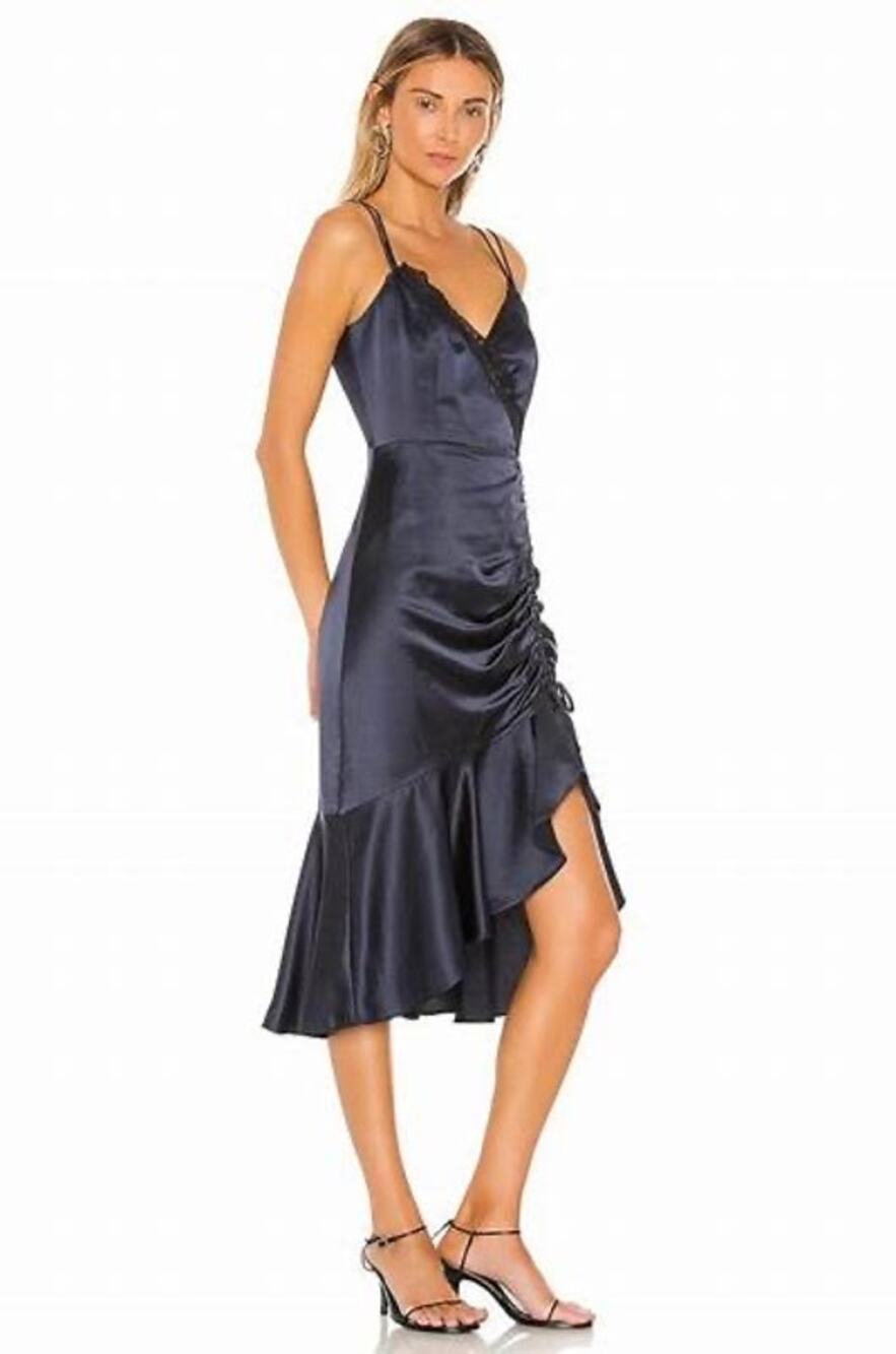 Parker Navy Blue Tianna Ruched Sleeveless Midi Lace Satin Dress Size 10